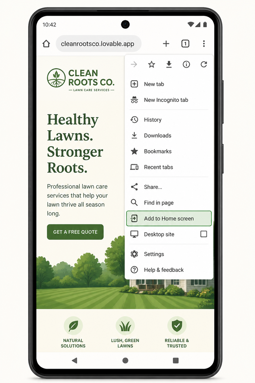 Android Chrome menu with the Add to Home screen option highlighted on the Clean Roots Co. website