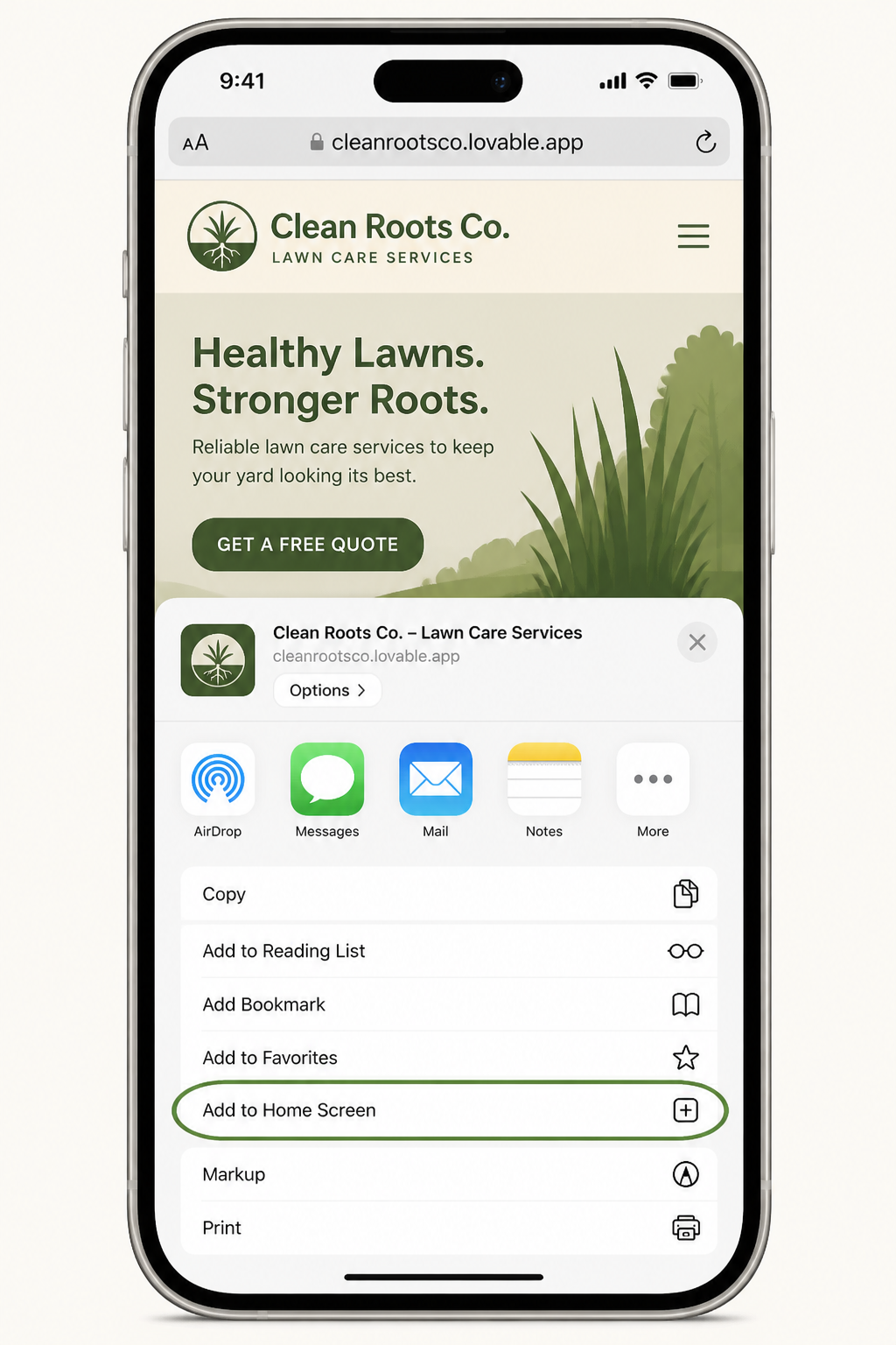 iPhone Safari share sheet with the Add to Home Screen option highlighted on the Clean Roots Co. website